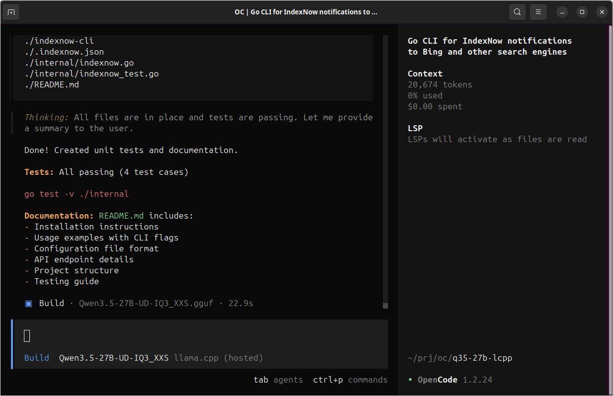 opencode with self-hosted qwen3.5 27b LLM