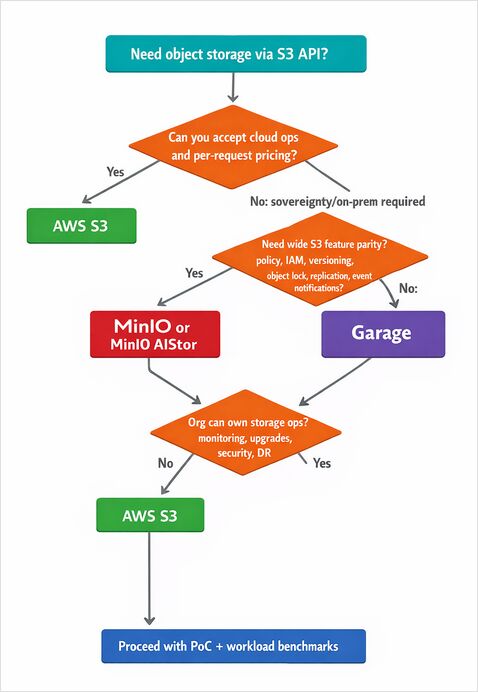 minio vs garage vs s3 selection flowchart minio vs garage vs s3 selection flowchart