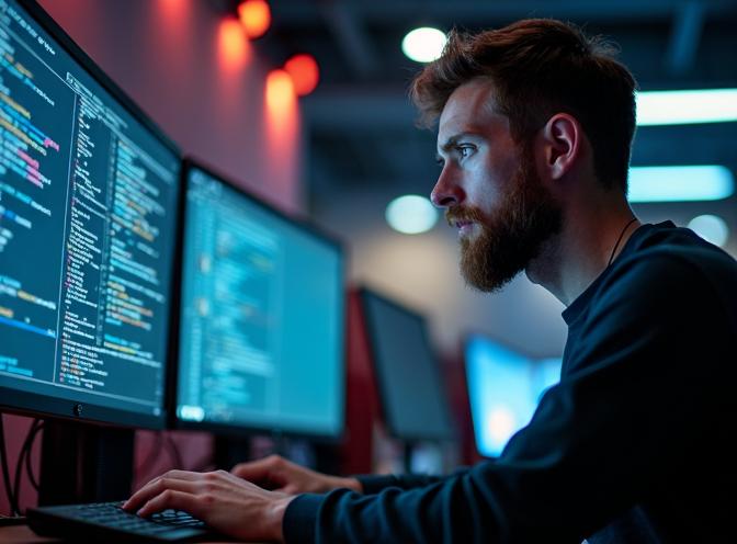 bearded man is doing some advanced coding at night