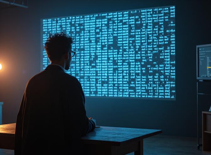 man with a big screen with uncomprehensible stuff