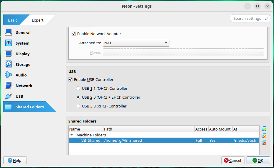 virtual box shared folders config window