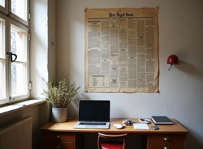 newspaper on the wall and table with the laptop