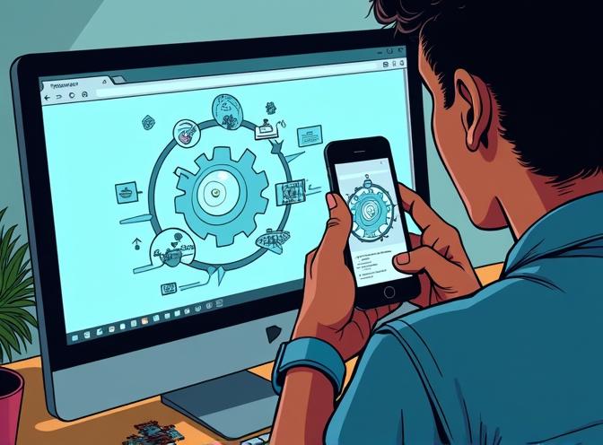 A comic image of a man is taking a photo of the diagram on the screen