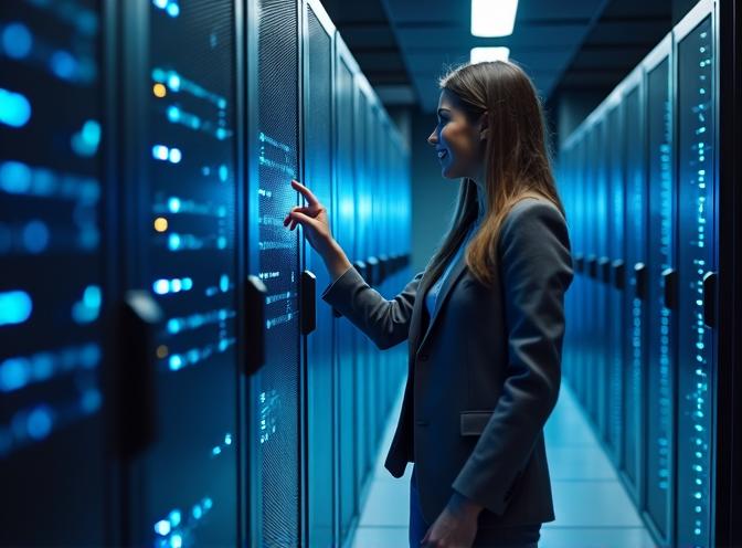 Happy female user of well integrated system in the server room