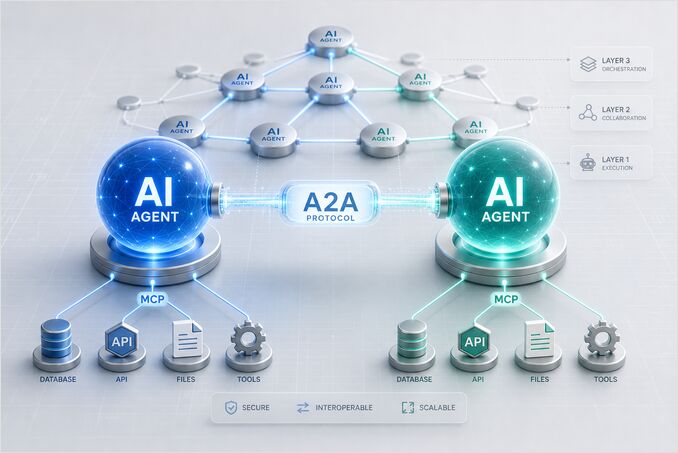 A2A and MCP protocol architecture — AI agents connected via A2A, each accessing tools via MCP