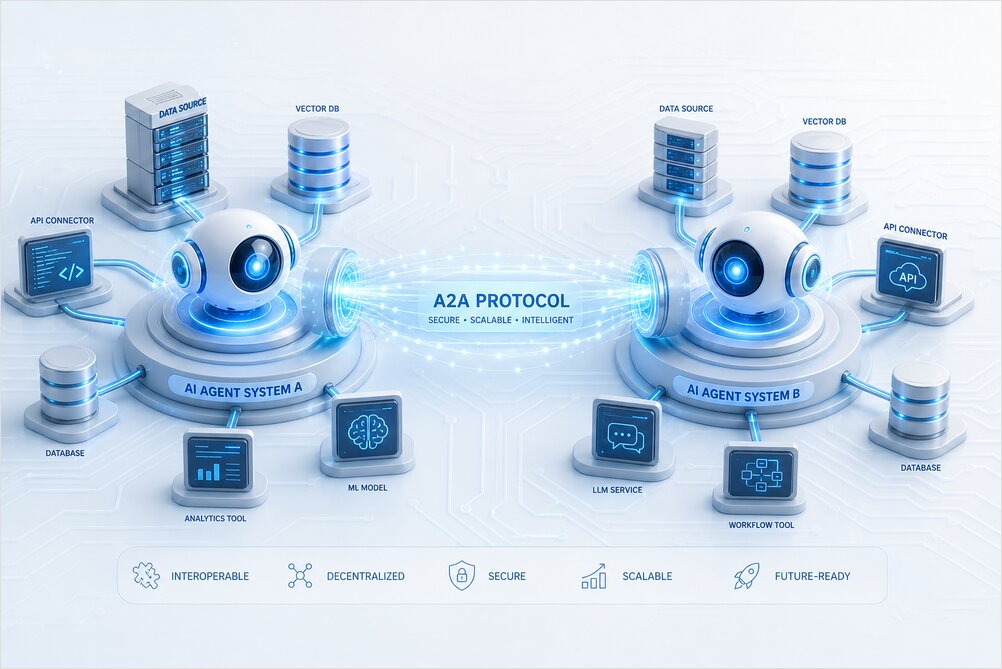 Two AI agent systems connected by the A2A protocol bridge