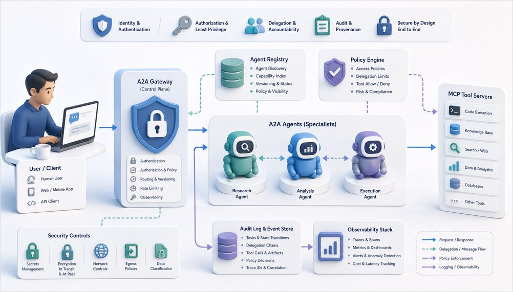 Securing A2A and MCP agent systems with identity, auth, delegation, and audit trails A2A and MCP agent security architecture with identity, gateway, and audit layers