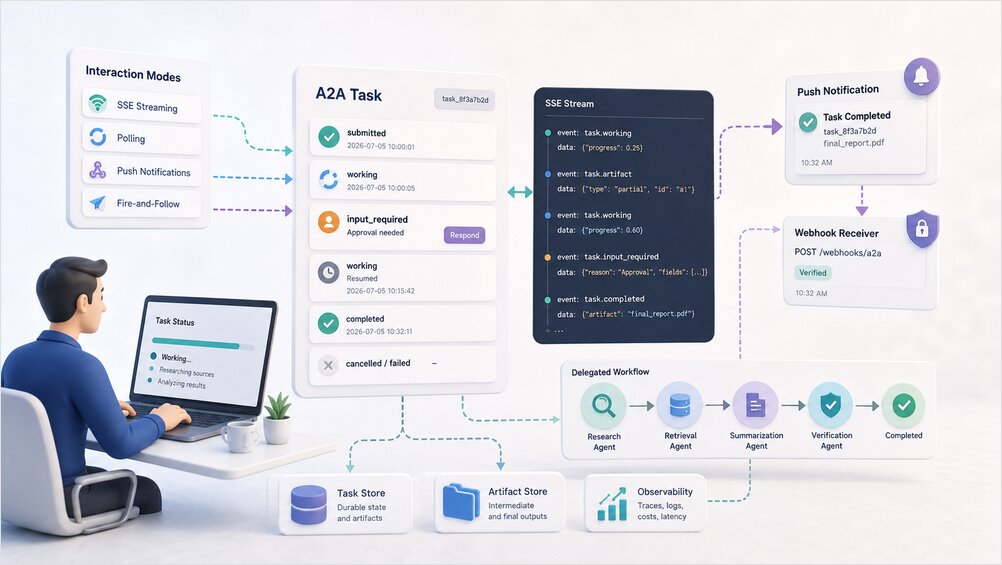 A2A streaming, async tasks, push notifications, and long-running agent workflows A2A streaming and async task lifecycle for long-running agent workflows