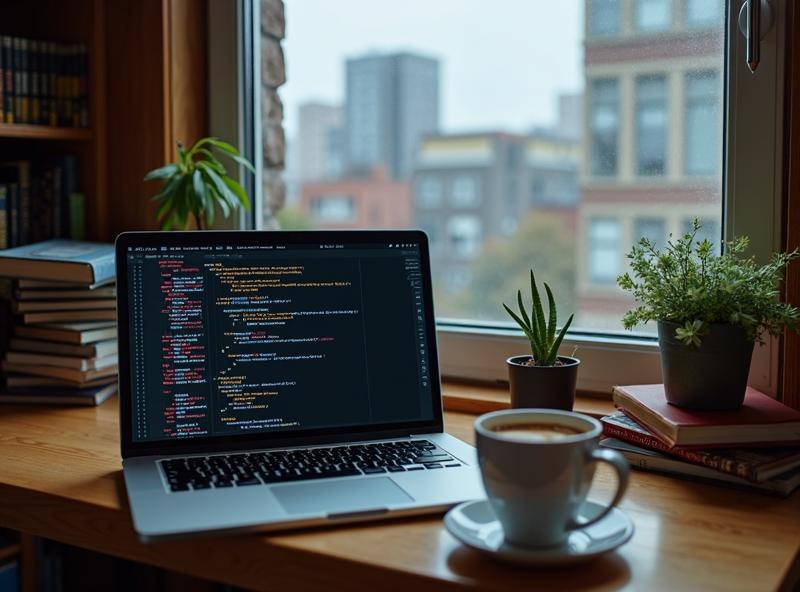 Notebook do programador com xícara quente de café ao lado da janela