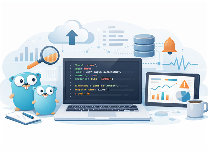 workplace with laptop and Go mascots for better logging