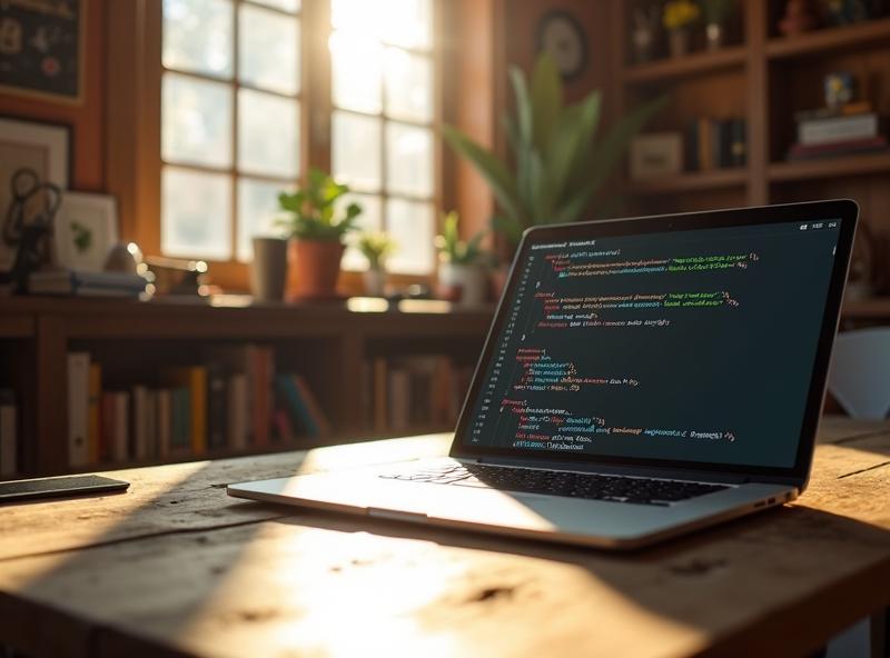 木のテーブル上のノートPCとVSCode