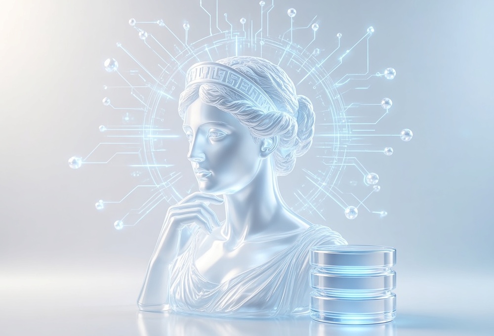 A translucent local database vault connected through a glowing lock and filter to a small friendly agent module