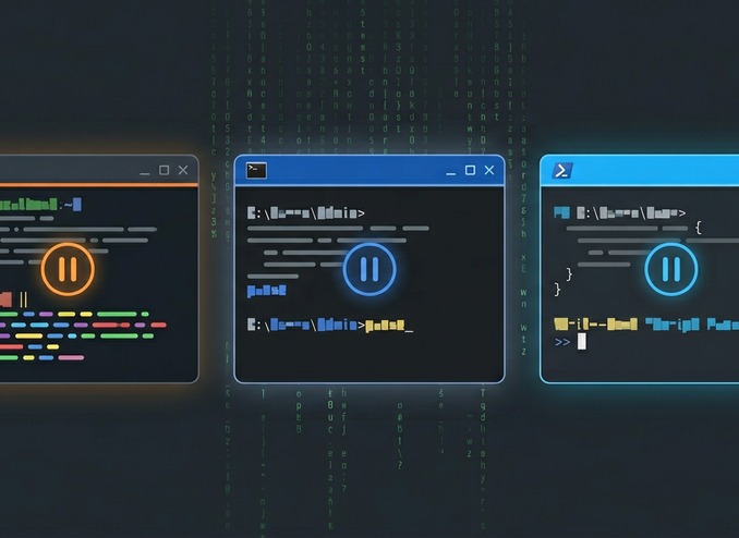 Terminal windows — pause prompts across Bash, CMD, and PowerShell