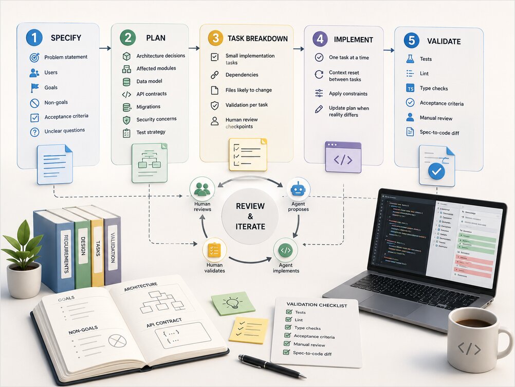 Flujo de trabajo de desarrollo basado en especificaciones desde los requisitos hasta el código Flujo de trabajo de desarrollo basado en especificaciones: requisitos, diseño, tareas, implementación, validación
