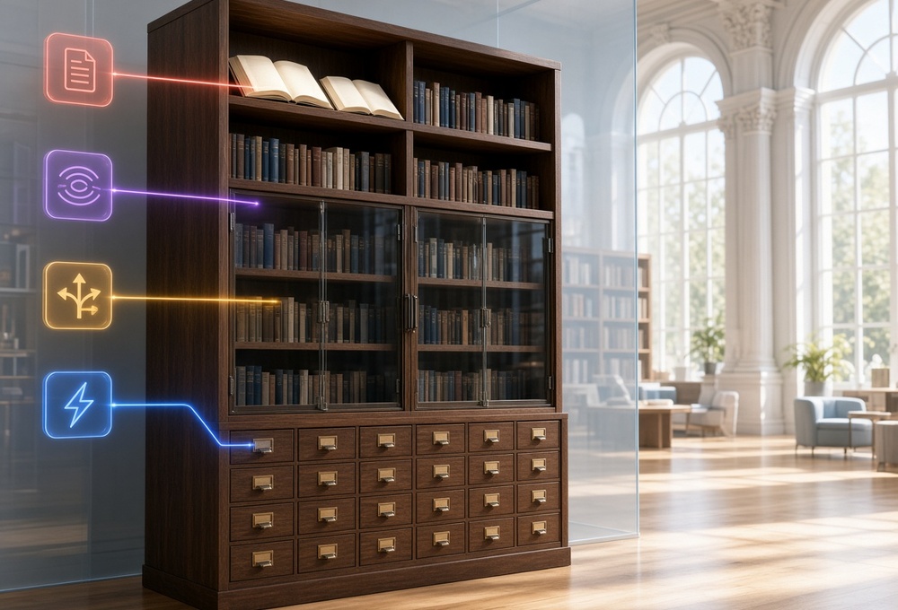 Agent knowledge hierarchy as a tiered library cabinet: the deeper the tier, the more deliberate the access — drawers, glass doors, open shelves, open books — each fed by a different injection trigger Access-tiered knowledge cabinet for an AI agent in a bright library: closed archive drawers at the bottom, books behind glass doors, open shelves above, and open books on top, each tier fed by its own injection trigger, with a glass partition marking a profile boundary