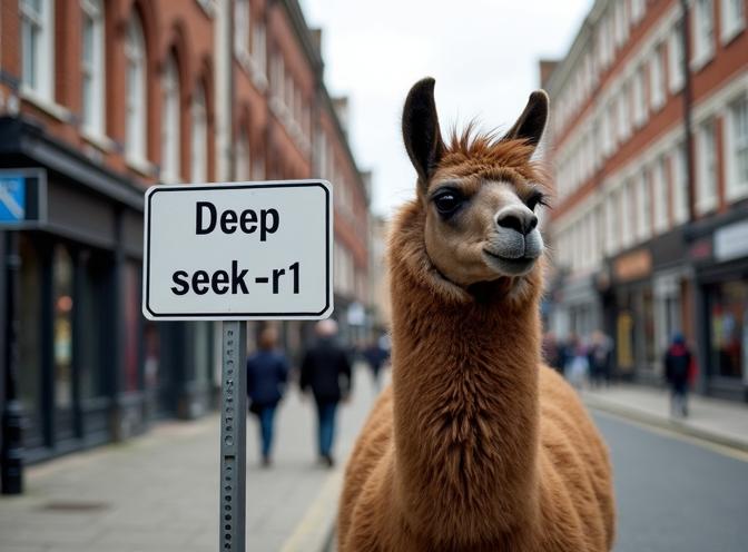 Llama on the London street is standing next to the sign Deepseek-r1