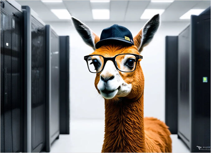 Smart llama in the hat is doing something in the server room