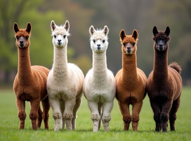 five awesome llamas are standing in the field
