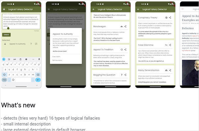 Logical Fallacy Detector app in Google PlayStore page screenshot