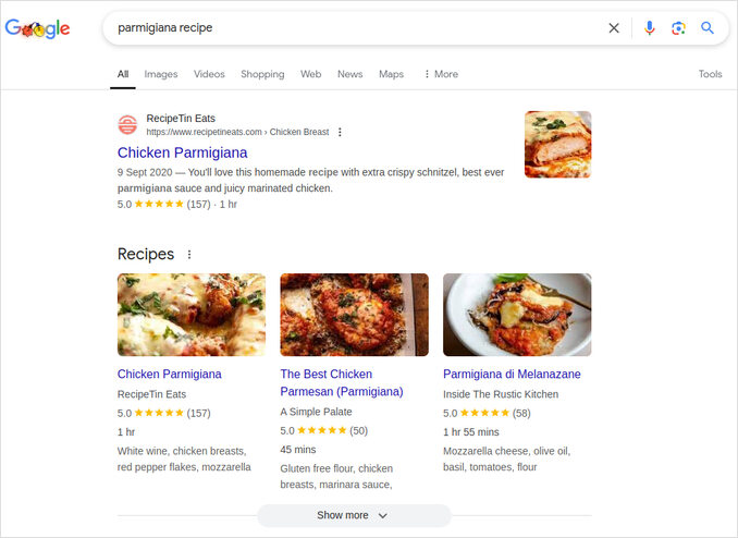Recipe Structured data in Google search results