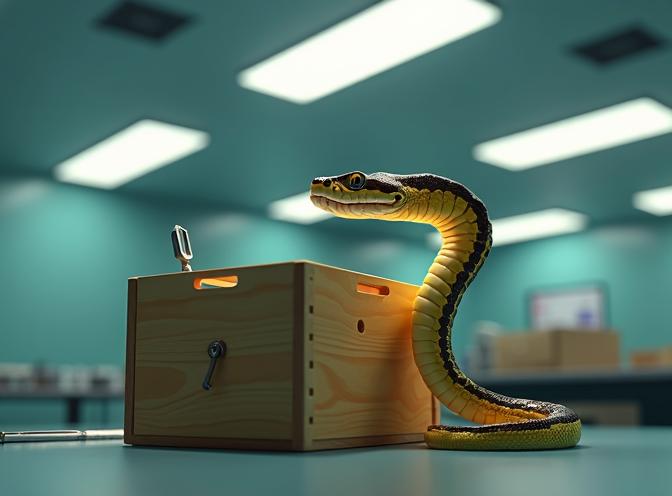 A python is trying to open a wooden box.