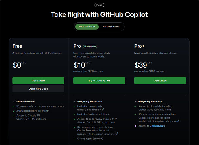 github copilot subscription plans