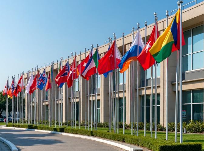 a lot of various country flags in front of administrative building
